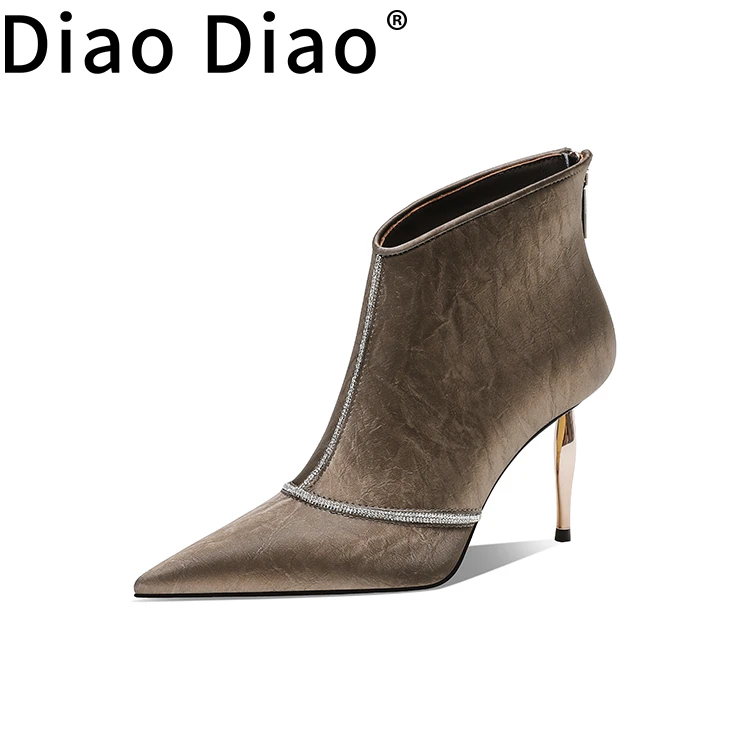 diaodiao 33秋冬真皮时尚细高跟真尖头气质细跟高跟气质短靴
