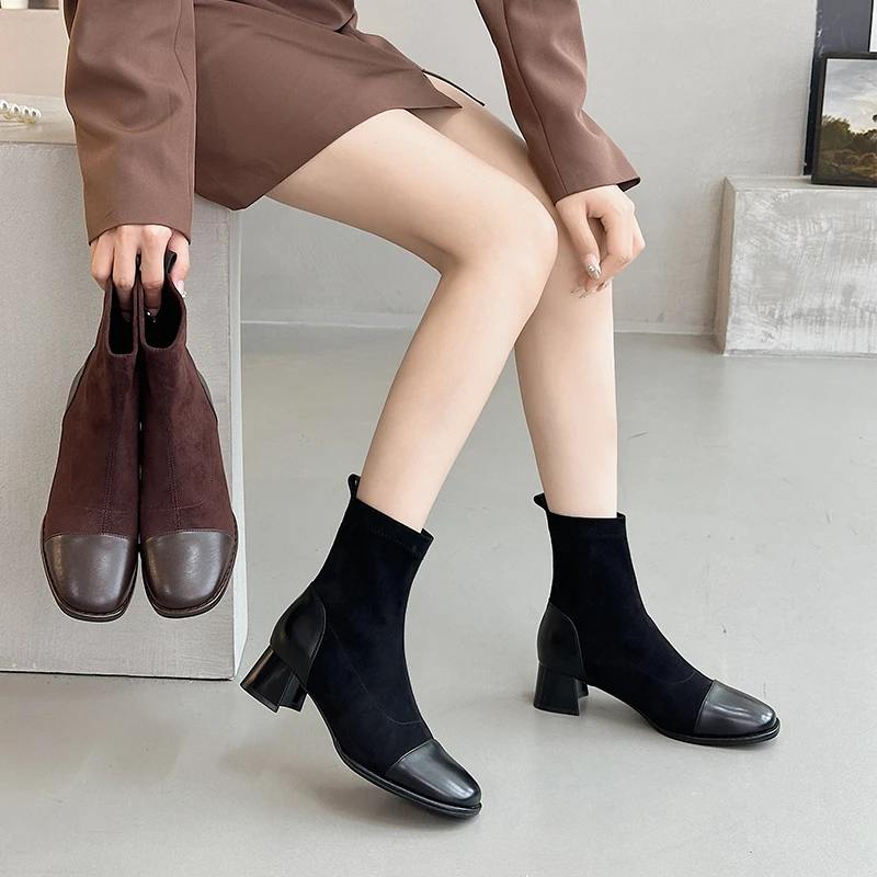 显瘦时尚瘦瘦靴气质百搭方头粗跟中跟弹力靴2023秋冬季新款23817