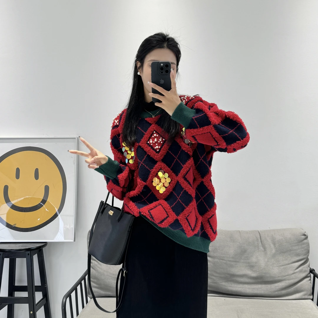 【大美丽定制】2023冬季新品 黑红菱格亮片时尚休闲复古上衣