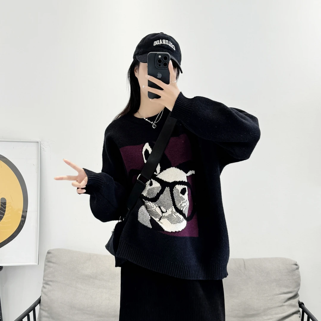 【大美丽定制】2024春季新品 时尚减龄卡通提花宽松显瘦套头毛衣女