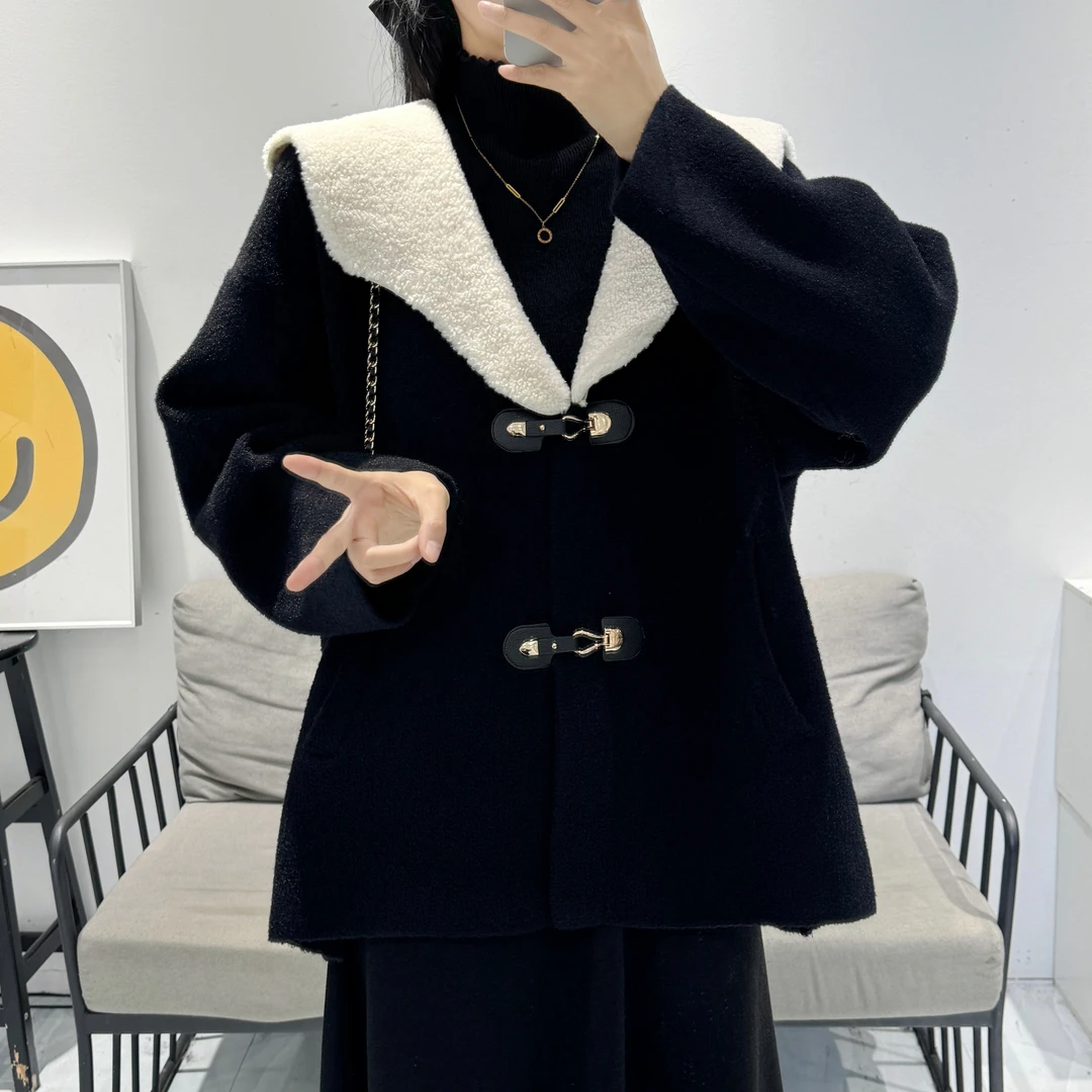 【大美丽定制】2025春季新品 设计感云朵领双面毛呢外套大衣女