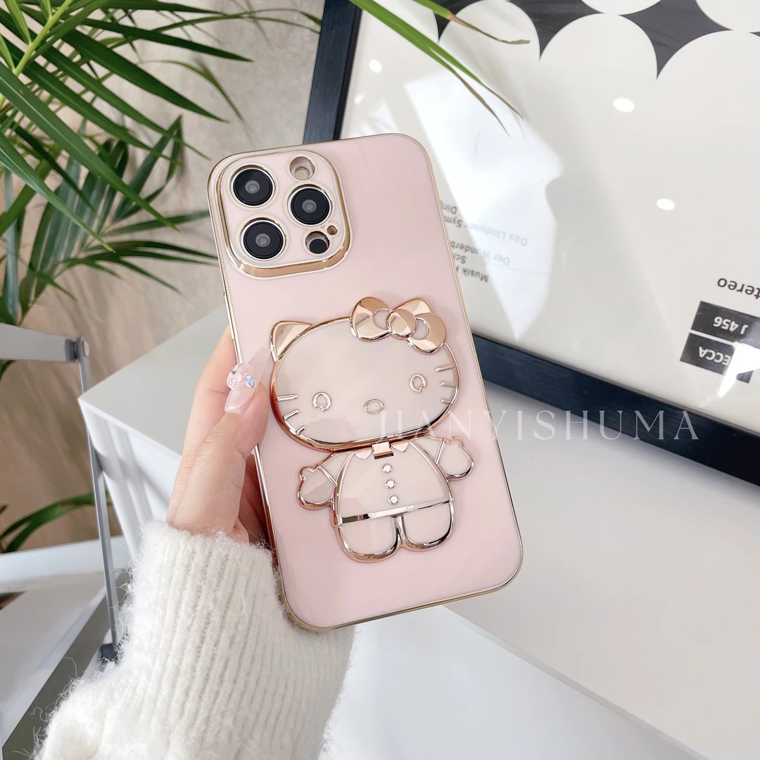【适用于苹果/华为/vivo/oppo/小米】猫咪支架补妆镜精孔手机壳