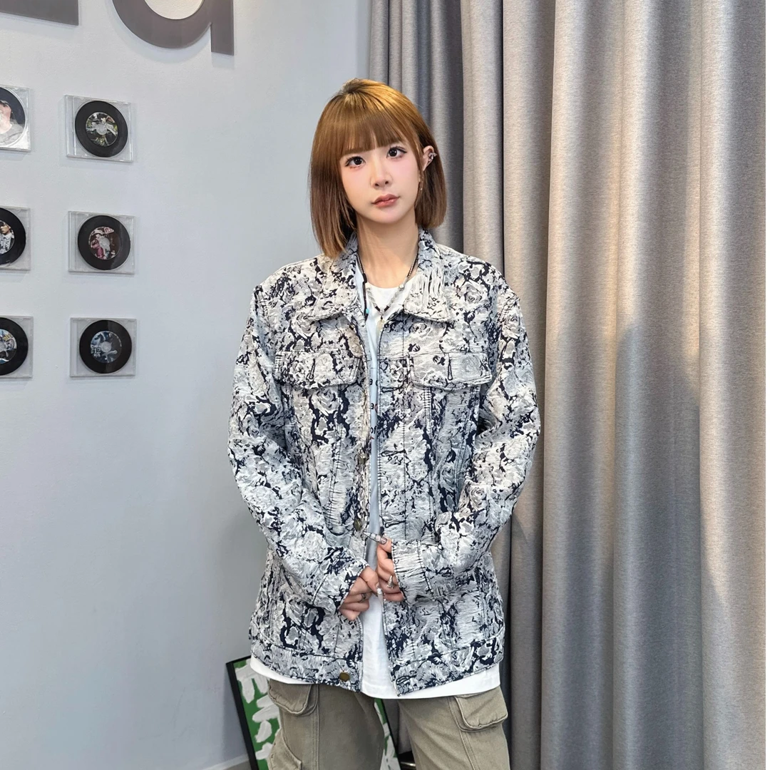 美式复古提花磨毛牛仔夹克外套高级感男女同款宽松百搭