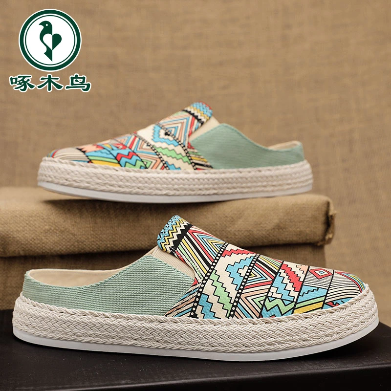 【正品】啄木鸟帆布男鞋2024新款夏季透气薄款懒人一脚蹬布鞋小众设