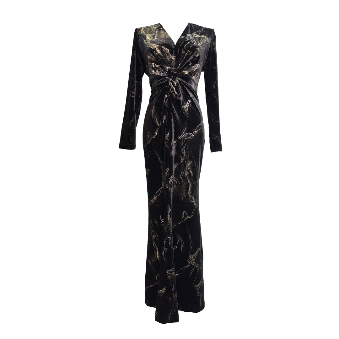 原创设计轻奢丝绒连衣裙复古烫金工艺黑色收腰修身长款鱼尾裙子