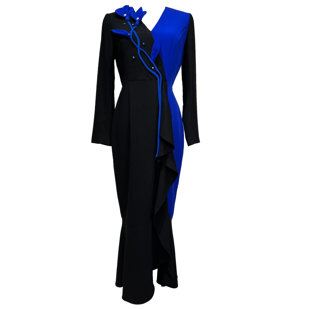 原创设计师拼色手工立体花朵修身连衣裙高端优雅时尚长袖鱼尾长裙