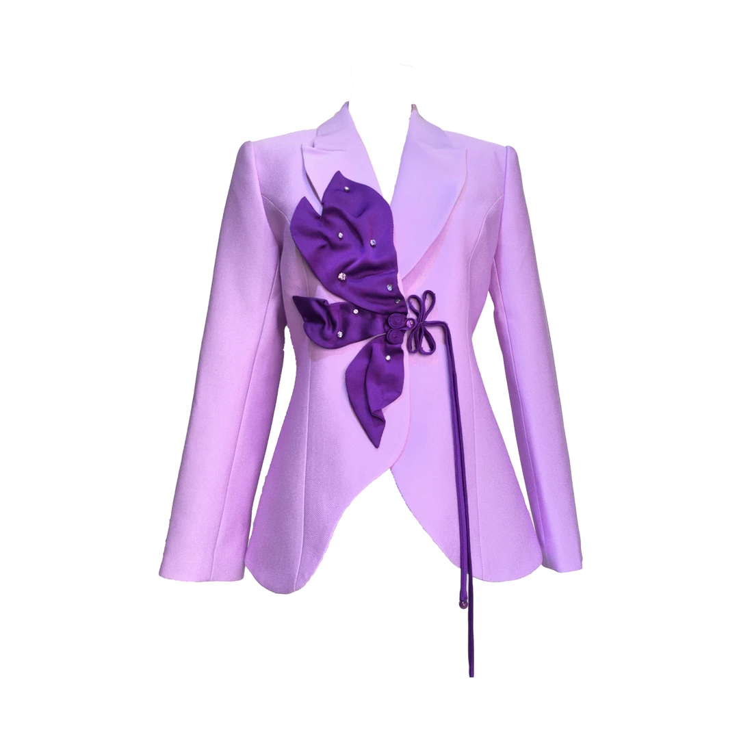 原创设计艺术感ol短外套上衣女气质不规则时尚紫色花朵小西装外套