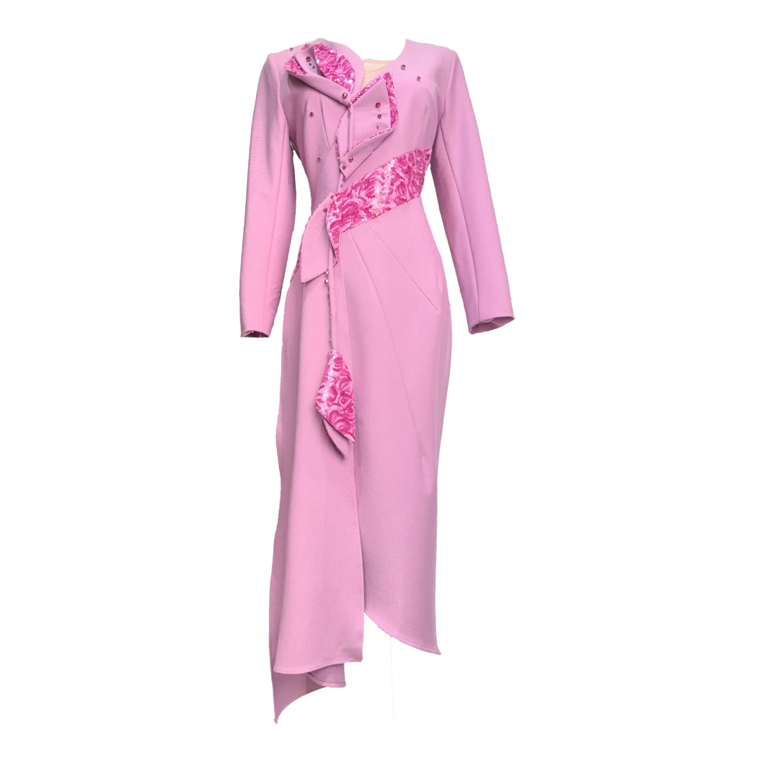 原创设计手工花朵亮片连衣裙长飘带修身斜腰优雅包臀长裙子