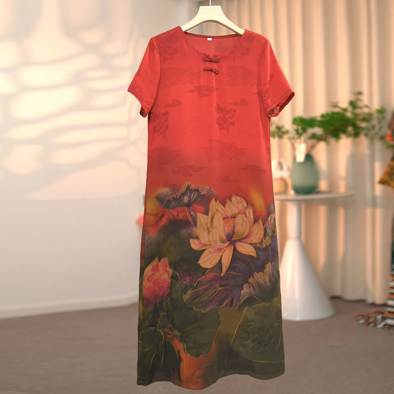 时尚短袖连衣裙舒适夏季新款休闲气质中老年妈妈显瘦高贵大码裙子