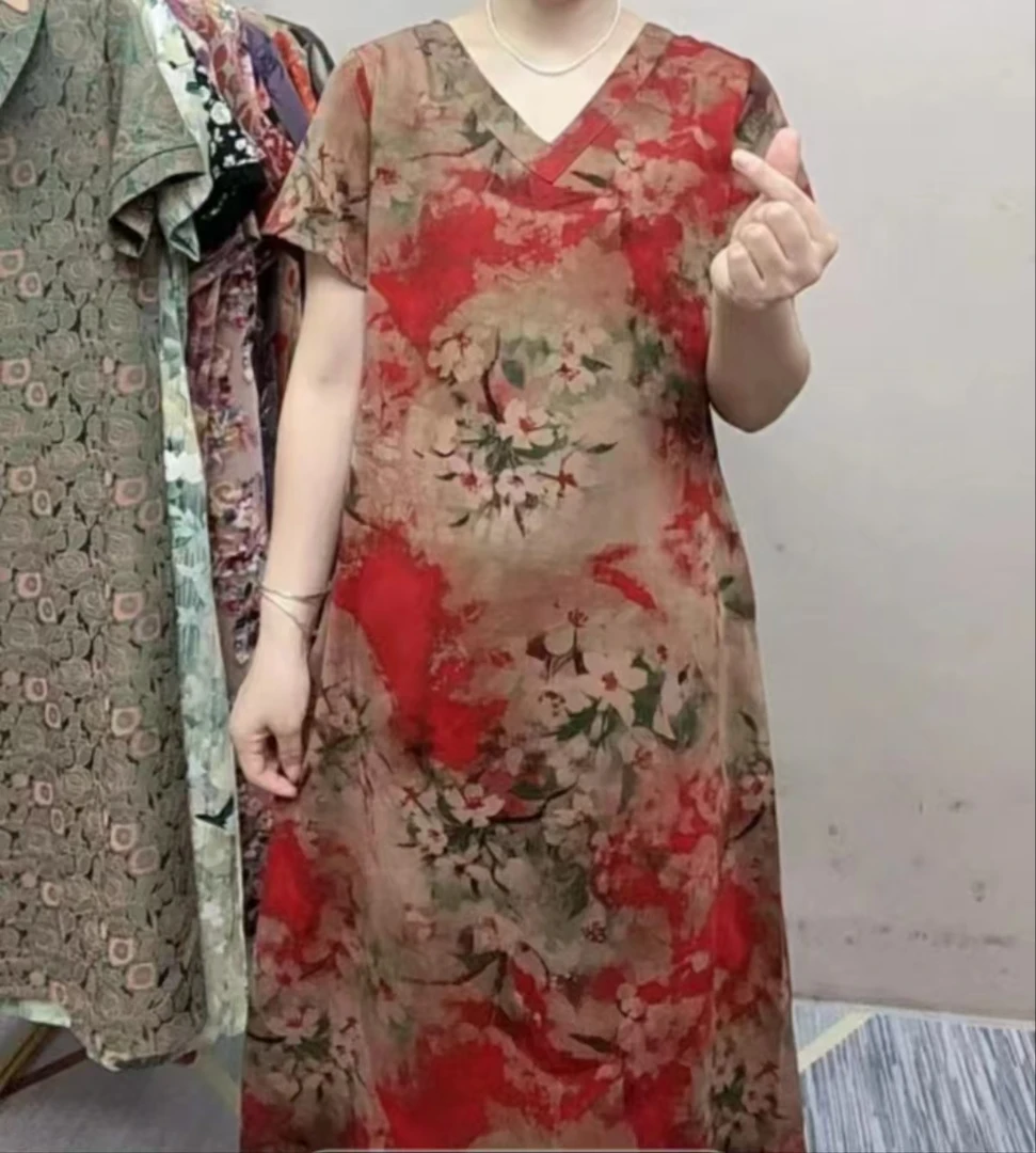 红梅短袖2024夏季妈妈装气质短袖连衣裙洋气中老年女装宽松长裙