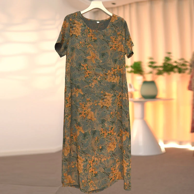 妈妈夏装短袖连衣裙宽松大码中老年女夏季中长款洋气碎花薄款裙子