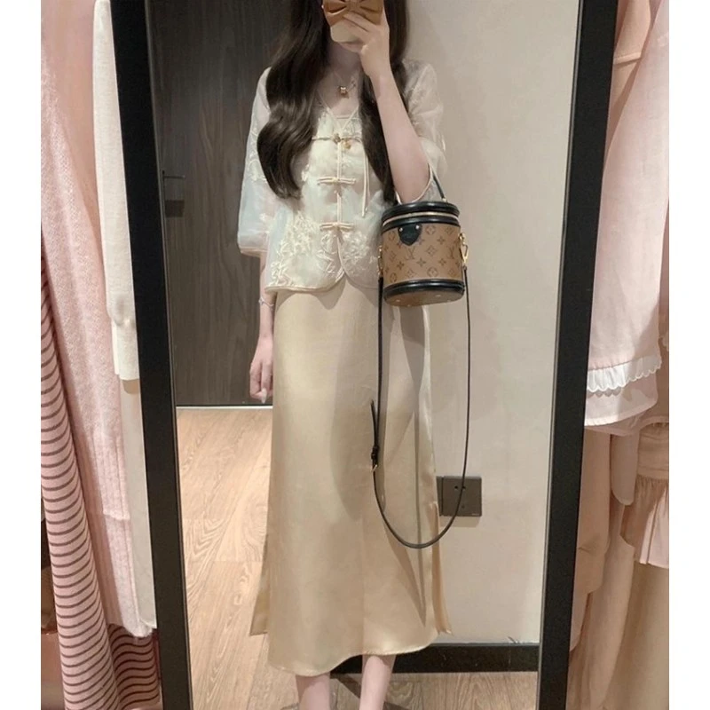 新中式国风大码连衣裙女夏季新款胖mm显瘦a字裙复古盘扣两件套装