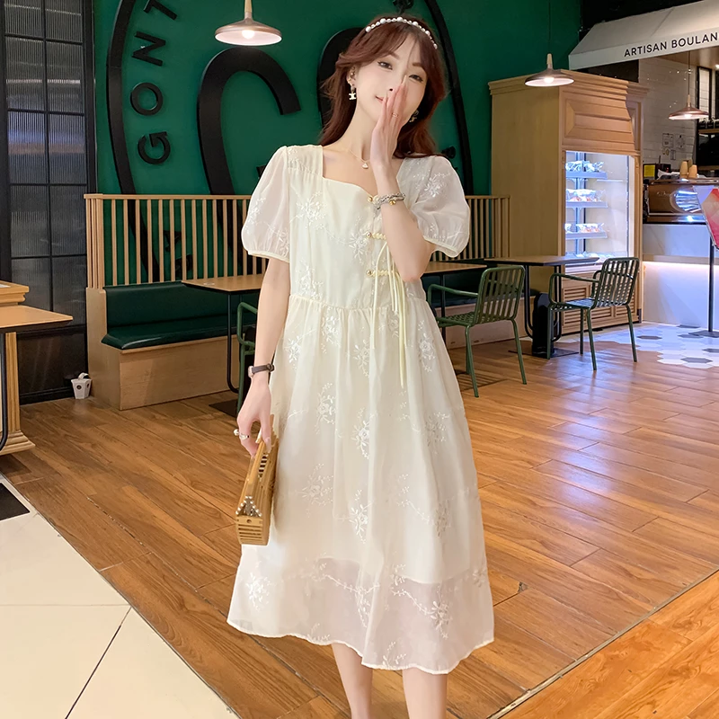 微胖mm显瘦大码收腰连衣裙女夏季新款中国风复古盘扣泡泡袖a字裙