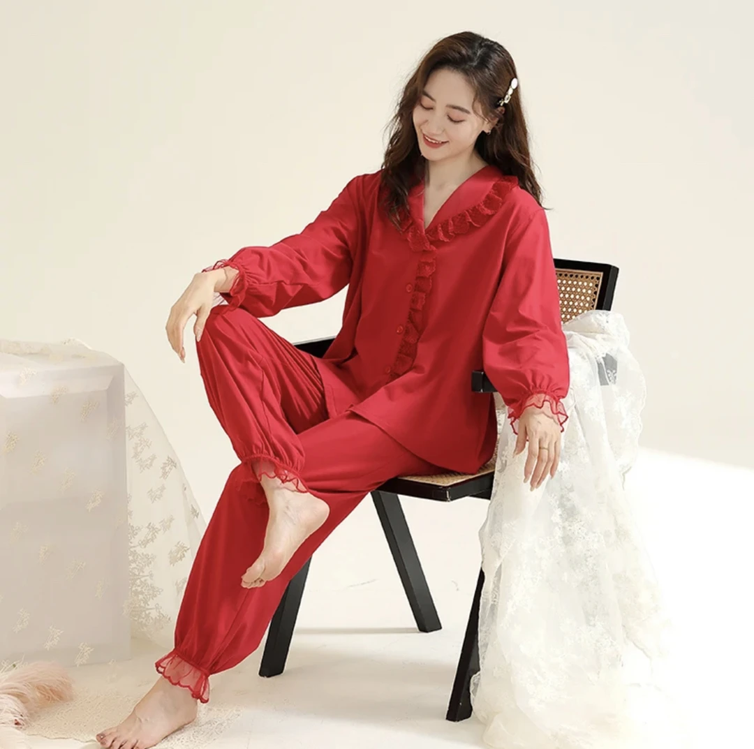 女款春秋新款蕾丝花边宫廷风家居服睡衣套装8801