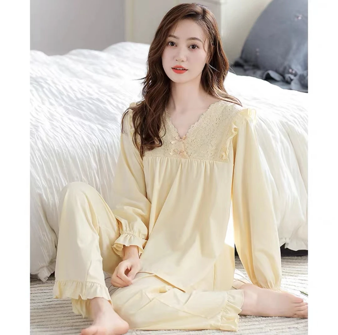 睡衣女春秋长袖甜美宫廷公主风家居服秋冬款大码可外穿套装