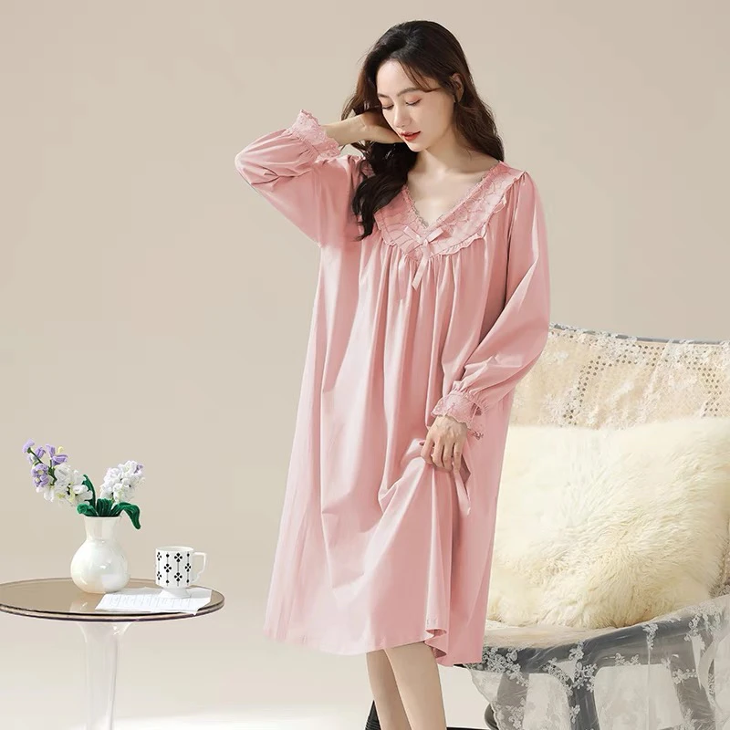 长袖公主风中长款春秋宫廷风睡衣裙子蕾丝甜美