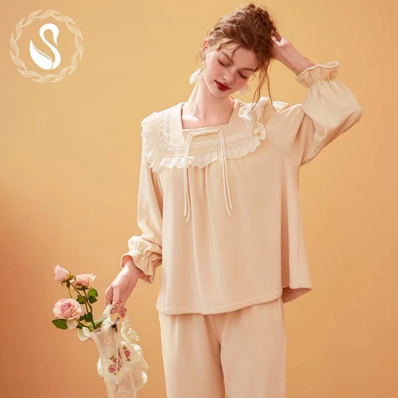 秋冬法式少女复古金丝绒睡衣套装甜美宽松海岛绒薄绒家居服