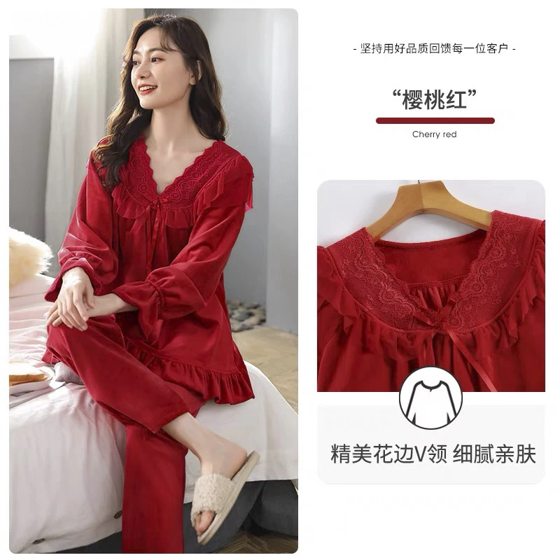 海岛绒庆红色家居服法式蕾丝花边公主风可家居可外出