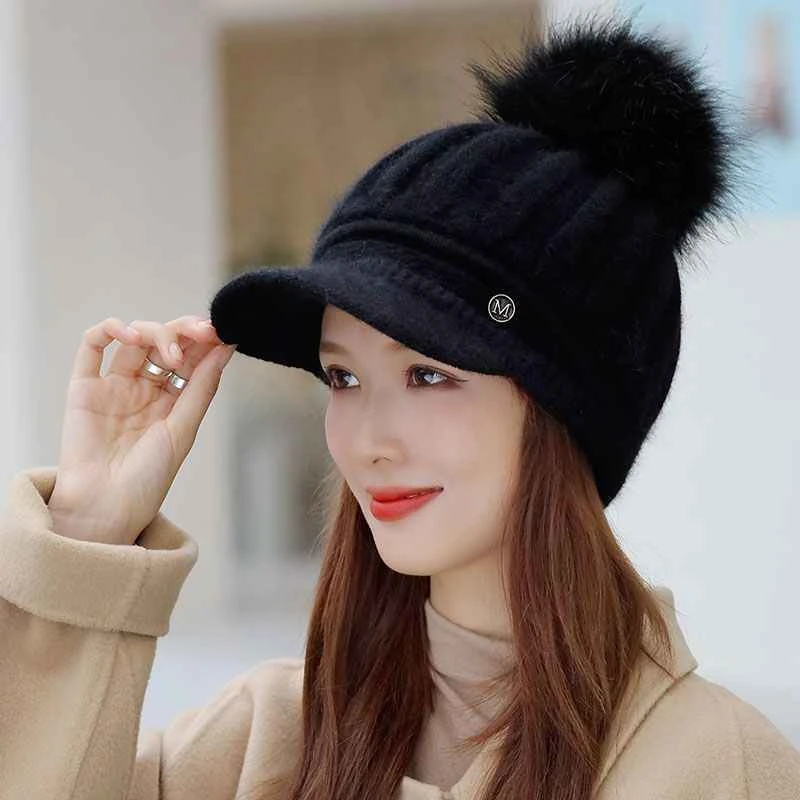 帽子女秋冬天韩版加绒加厚护耳保暖帽骑车鸭舌针织帽毛线帽设计感