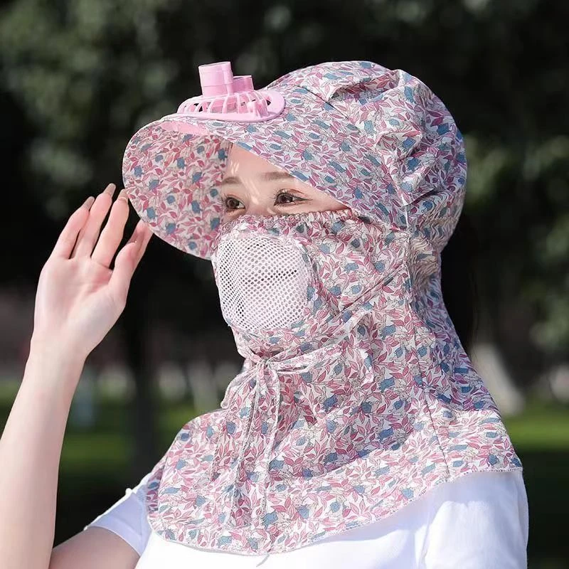 风扇帽子女夏季太阳帽大沿户外防紫外线采茶帽防晒遮脸面罩遮阳帽