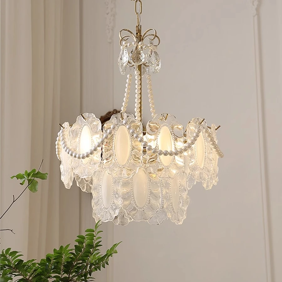 法式华丽复古珍珠玻璃餐厅卧室灯具奶油风高级感轻奢水晶客厅吊灯