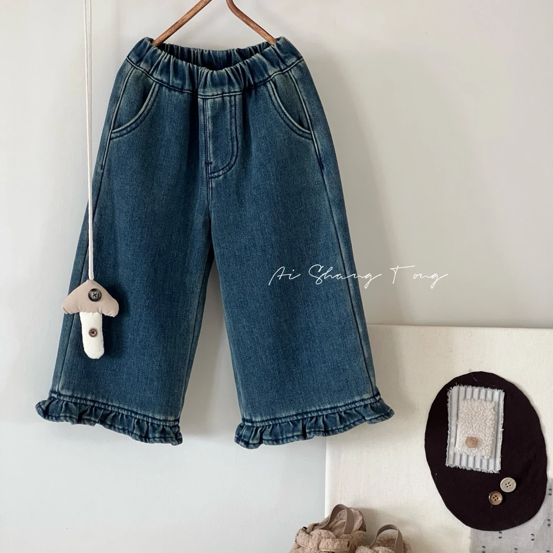 小纪童品2024冬季新款一体绒加绒花边牛仔裤洋气百搭百搭女童裤子