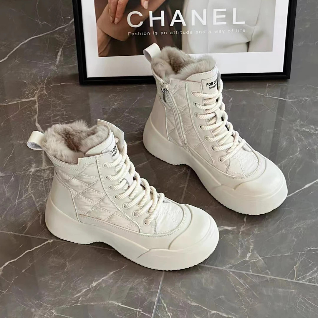 2024秋冬新款，女士真皮，皮毛一体休闲鞋，中筒防滑，时尚百搭加绒