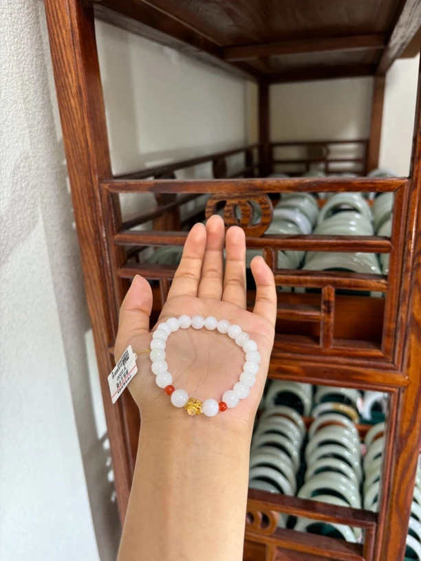 0123和田玉青海料老料羊脂白玉约8mm单圈手串多样性发其一