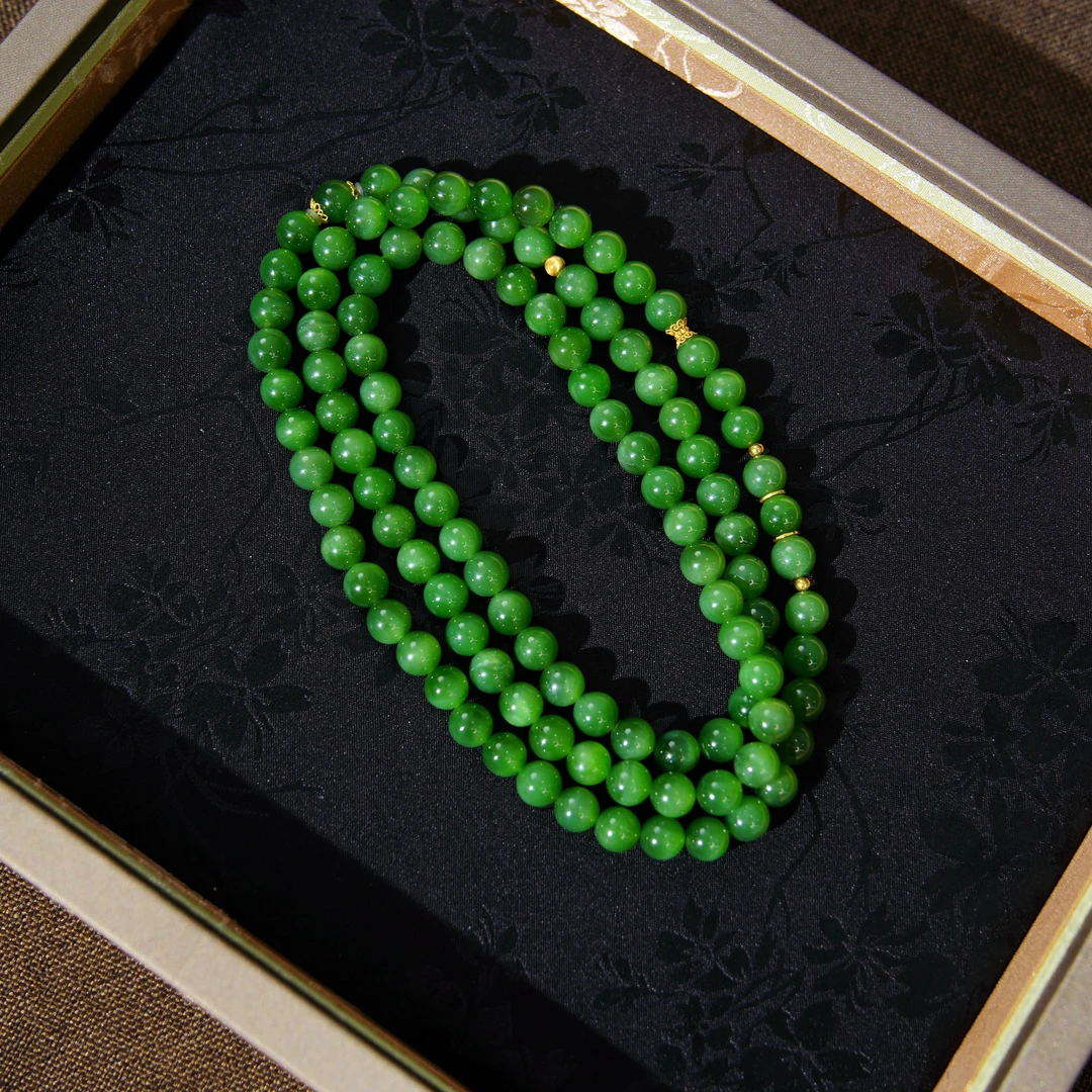 18K天然和田玉俄罗斯碧玉猫眼绿猫108项链8mm
