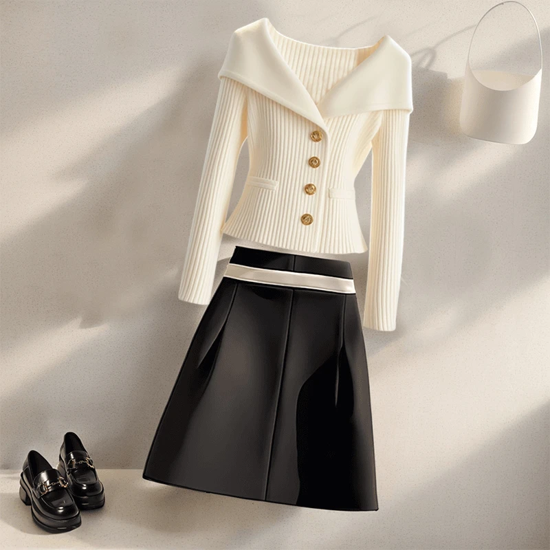 秋季穿搭洋气独特别致收腰显瘦针织上衣小个子高级感气质短裙女装