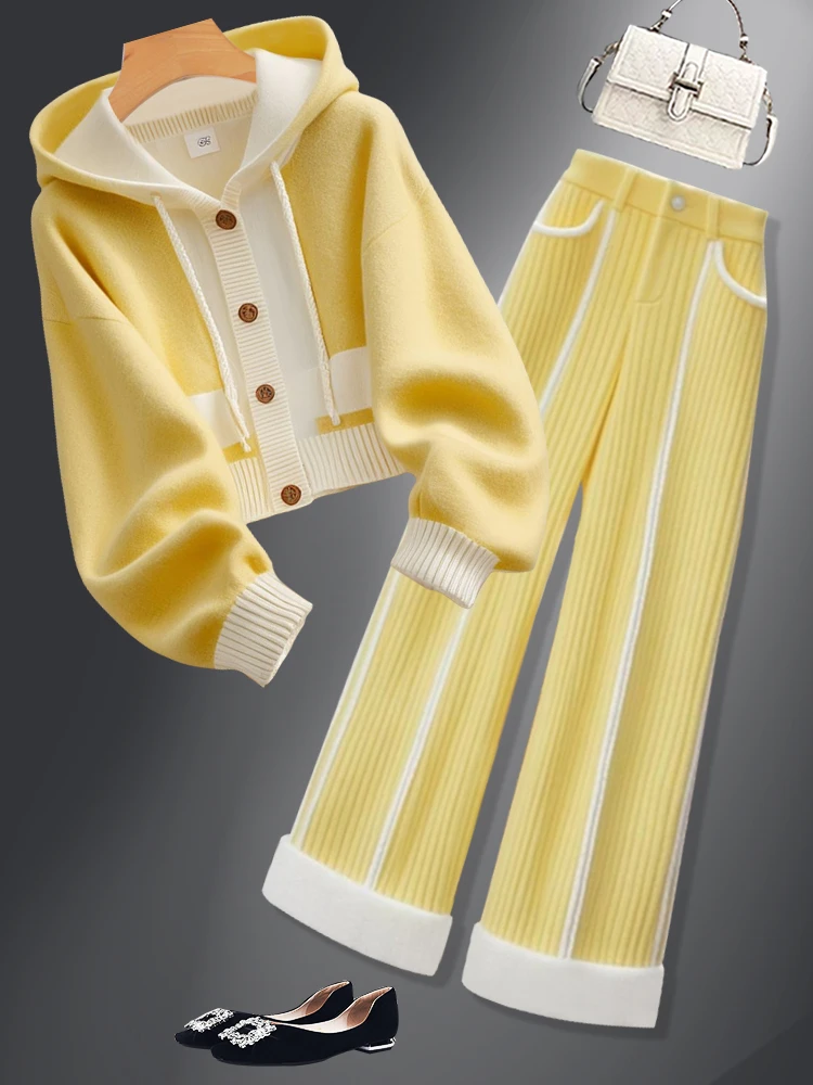 韩系搭配一整套冬装高级感超好看针织毛衣阔腿裤两件套装洋气时髦