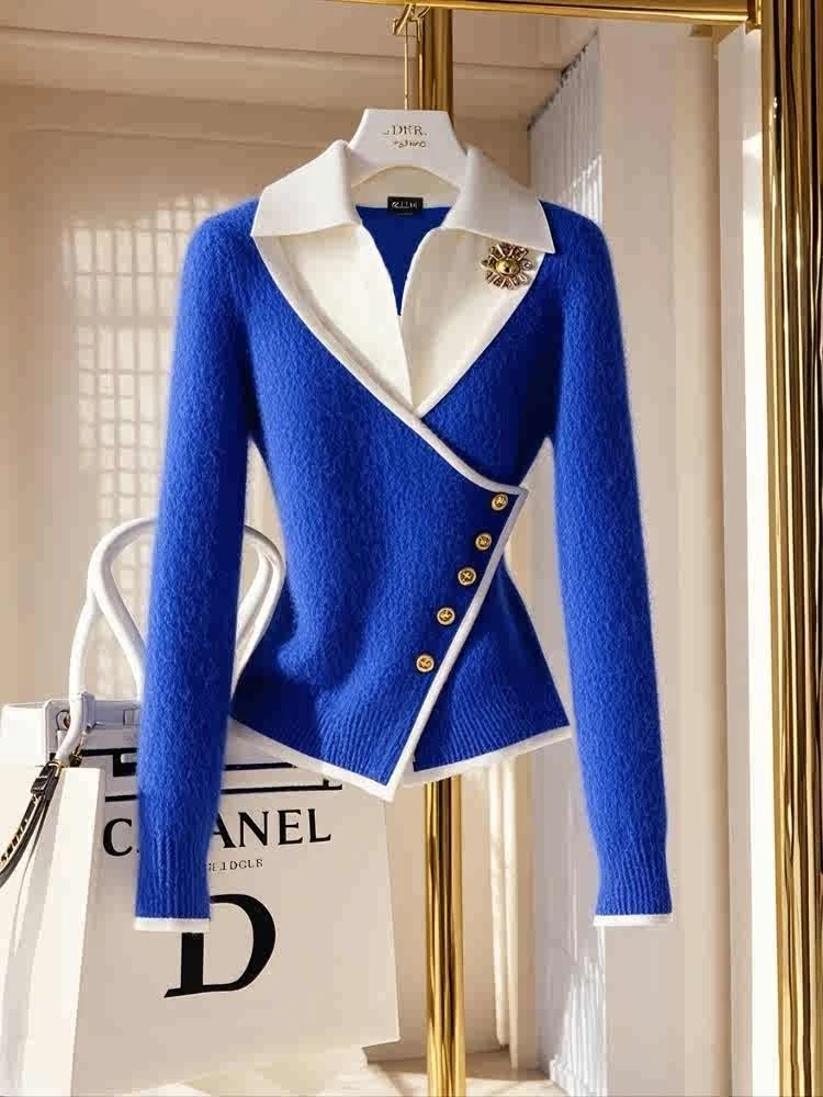 洋气独特别致针织衫慵懒高级感超好看克莱因蓝假两件毛衣女2024冬