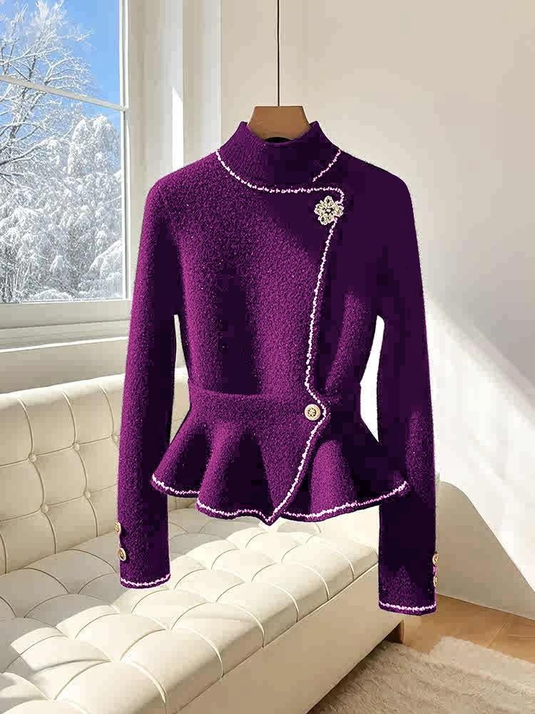 2024新款冬季女款时尚百搭毛衣紫色气质厚款法式潮流休闲洋气上衣