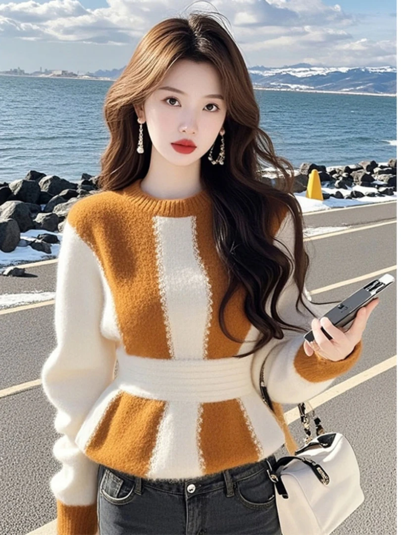 2024冬季韩系气质宽松高级感百搭时尚超好看橙白拼接毛茸茸毛衣女