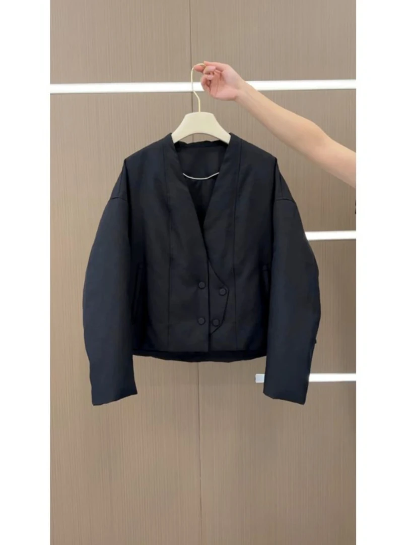 2024冬季新款黑色V领棉服外套百搭宽松短款小香风包面棉服上衣潮