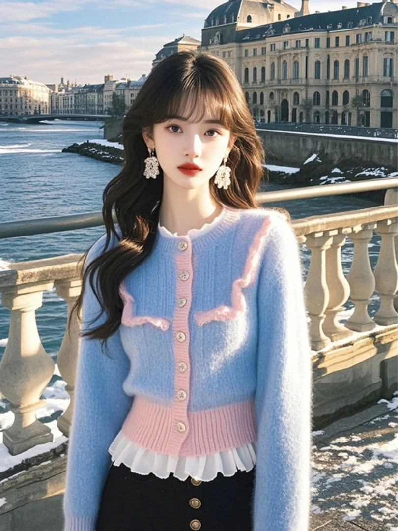 2024冬季爆款流行高级感韩系宽松减龄百搭显瘦超好看蓝色拼色毛衣