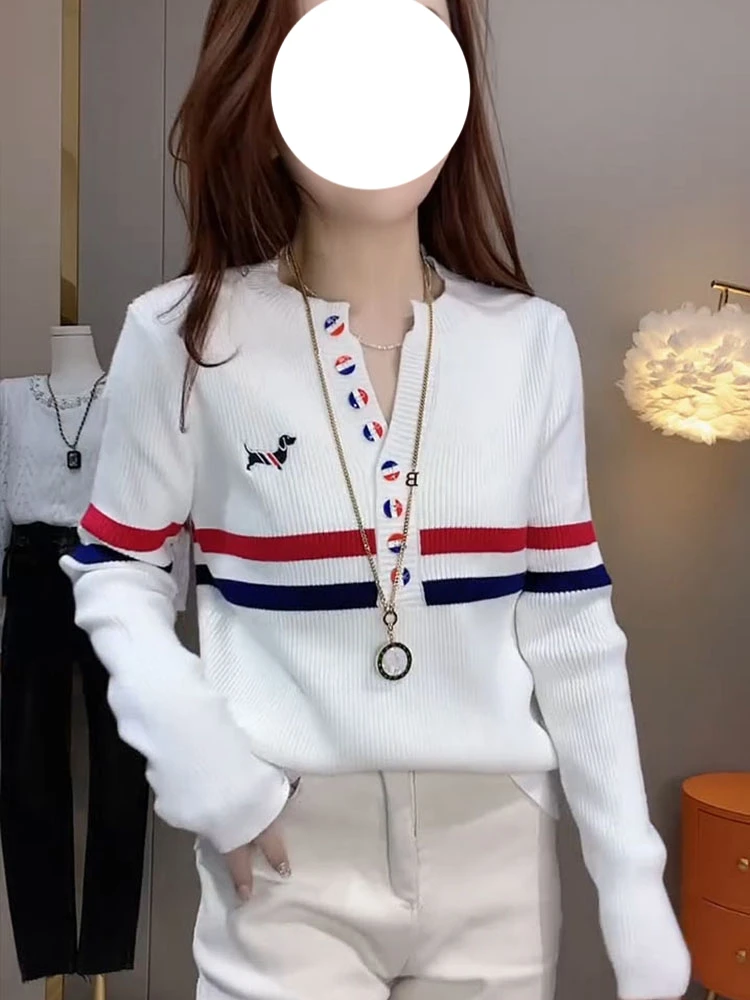 2024秋冬新款V领彩扣小狗拼色长袖针织毛衣女时尚百搭打底上衣潮