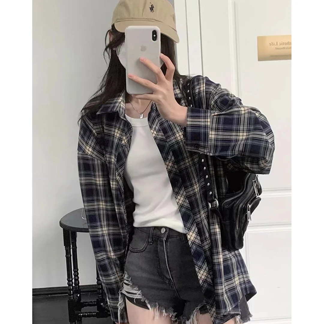 幂式秋季新款复古格纹衬衫女休闲外套长袖小众宽松防晒衫衬衣港味