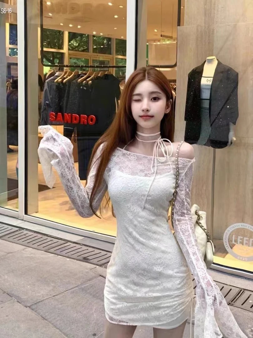 长袖网红性感打底法式礼服开叉蕾丝长袖网红性感打底法式礼服