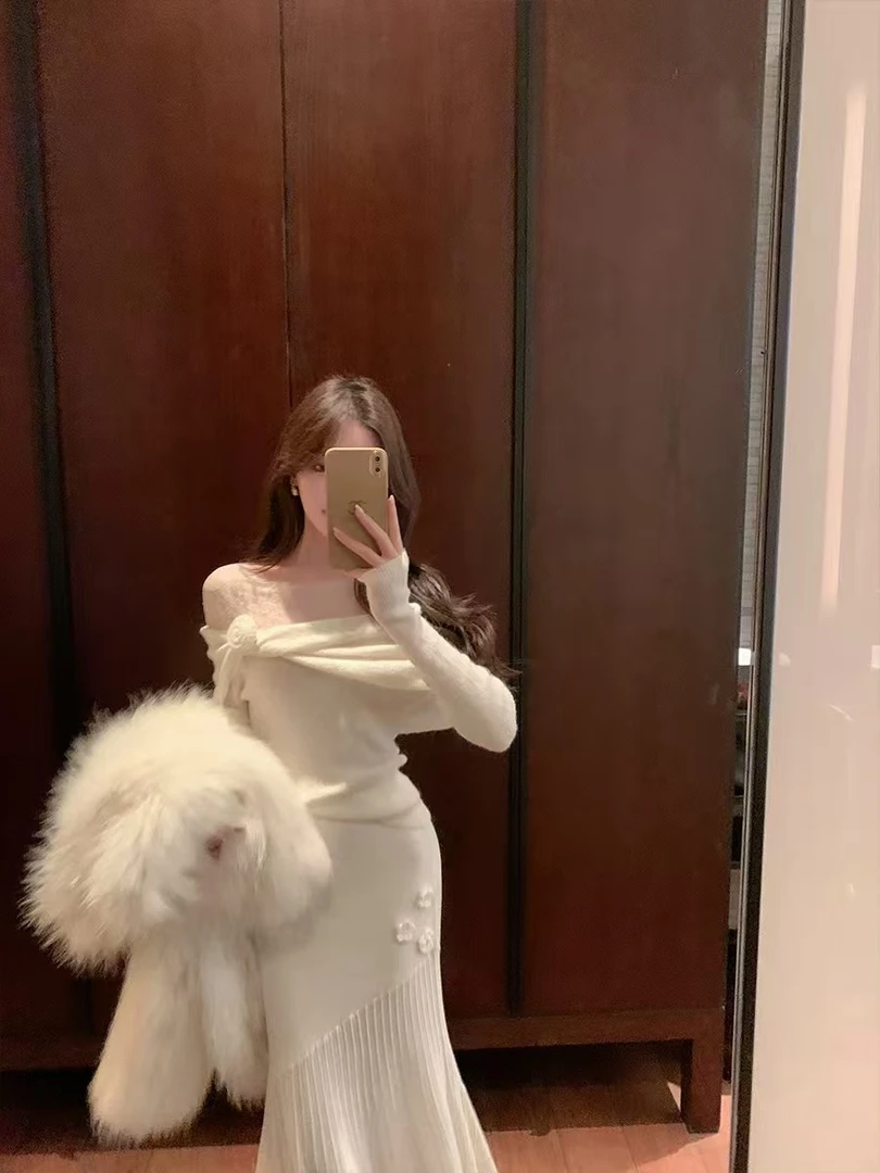 甜美气质花朵毛衣半裙鱼尾裙打底裙显瘦高腰开叉修身秋冬保暖