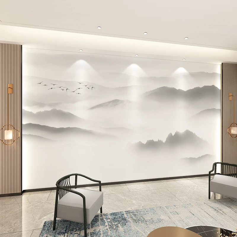 定制新中式电视背景墙壁画2025新款原创山水墨画客厅壁布卧室墙纸