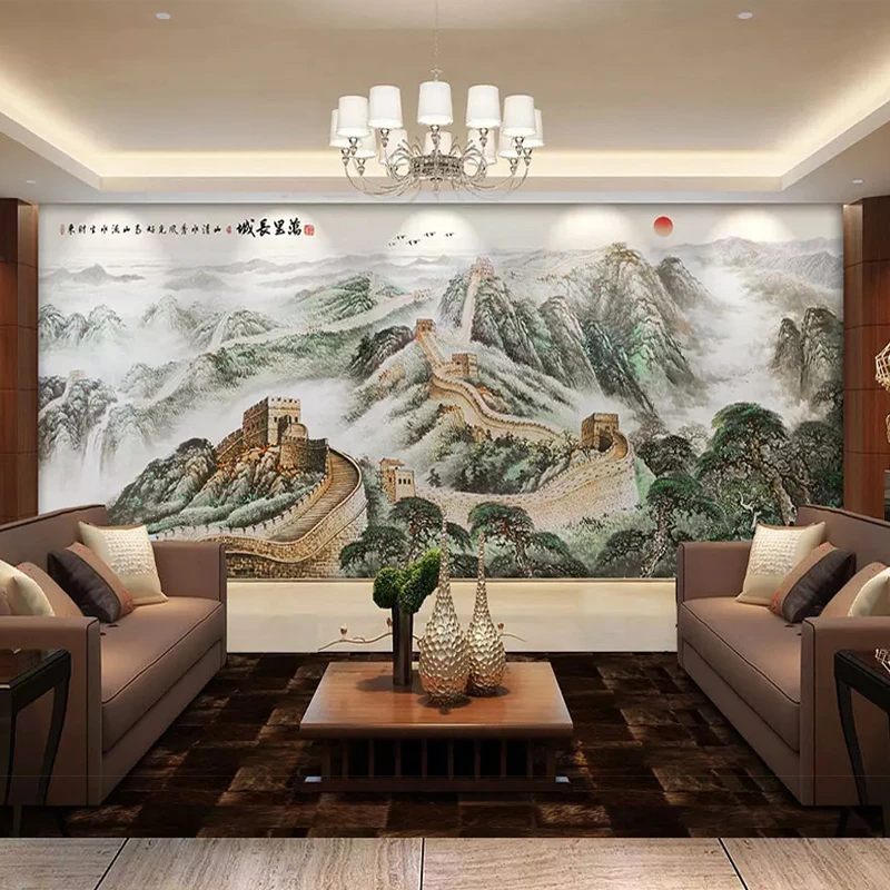 水墨画墙纸办公室万里长城设计师装饰客厅电视背景墙定制壁画自粘