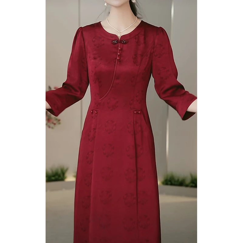 新中式七分袖连衣裙女秋季2024年新款喜婆婆妈妈红色改良版旗袍裙