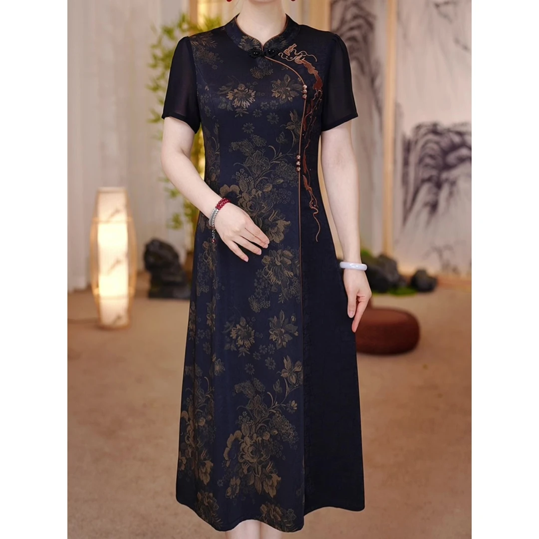 新中式改良旗袍国风连衣裙妈妈装中长裙2024年夏季高级感显瘦大码