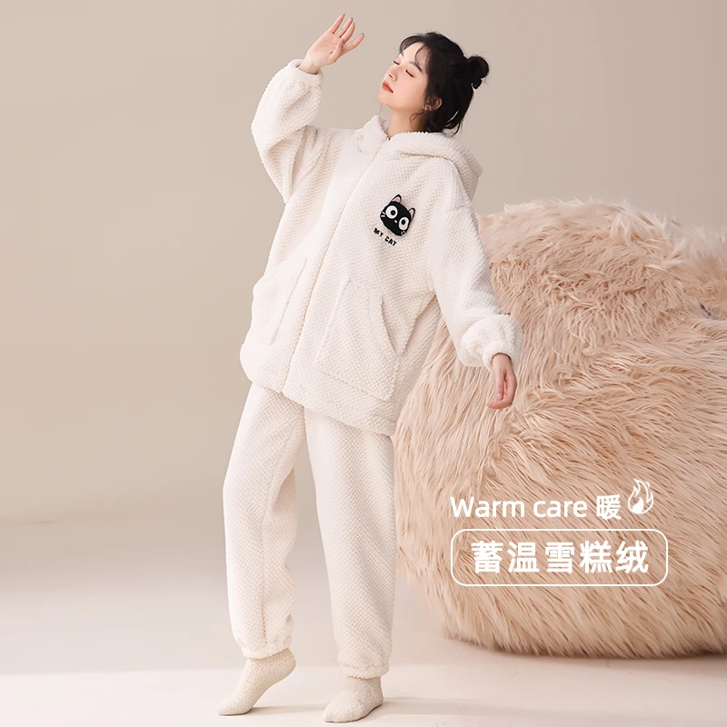 睡衣女套装冬款舒适珊瑚绒卡通加厚加绒连帽保暖超柔秋冬季居家服