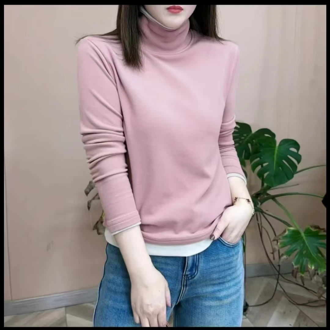 韩版洋气时尚百搭显瘦长袖高领双面德绒女士保暖打底衫拼色假两件