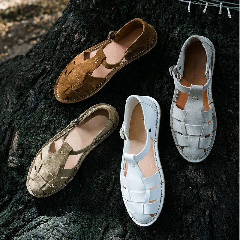 steve夏季小众编织复古真皮渔夫凉鞋mono真皮平底包头罗马凉鞋男