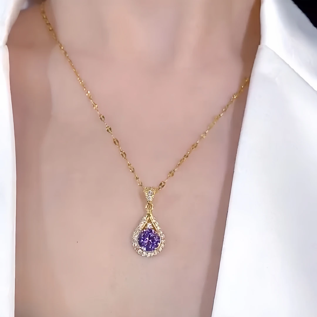 钛钢项链 紫色水滴吊坠项链女2024新款时尚百搭轻奢高级感锁骨链
