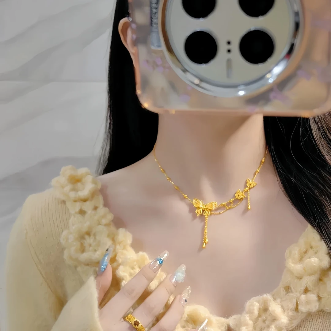钛钢项链 三只蝴蝶流苏项链女2024精致时尚百搭气质金色锁骨链ins