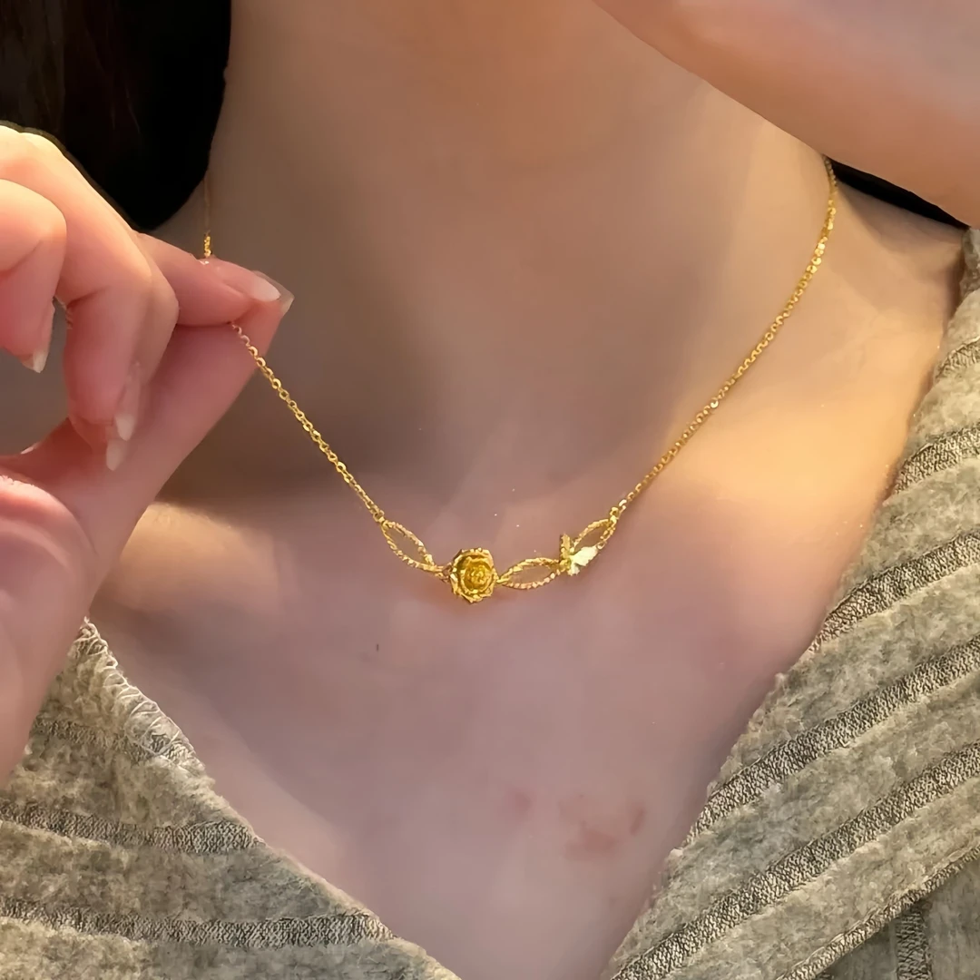 钛钢项链 不掉色蝴蝶玫瑰花项链女ins气质百搭轻奢时尚精美锁骨链